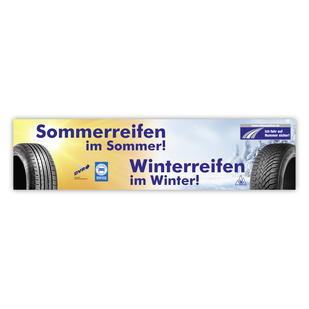 Spannbanner „Sommerreifen im Sommer! Winterreifen im Winter!“