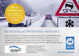 Anzeige „Rechtzeitig auf Winterreifen wechseln" DIN A5, individualisierbar
