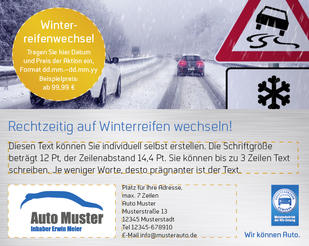 Anzeige „Rechtzeitig auf Winterreifen wechseln" 132 x 105 mm, individualisierbar